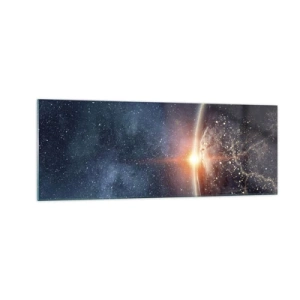 Quadro su vetro - La Terra vista dallo spazio con il sole che sorge - 140x50cm - In una nuova prospettiva - Decorazione murale moderna per soggiorno e camera da letto ARTTOR