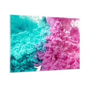 Quadro su vetro - Nuvole di inchiostro colorate in rosa e turchese - 100x70cm - Scontro decisivo - Decorazione murale moderna per soggiorno e camera da letto ARTTOR