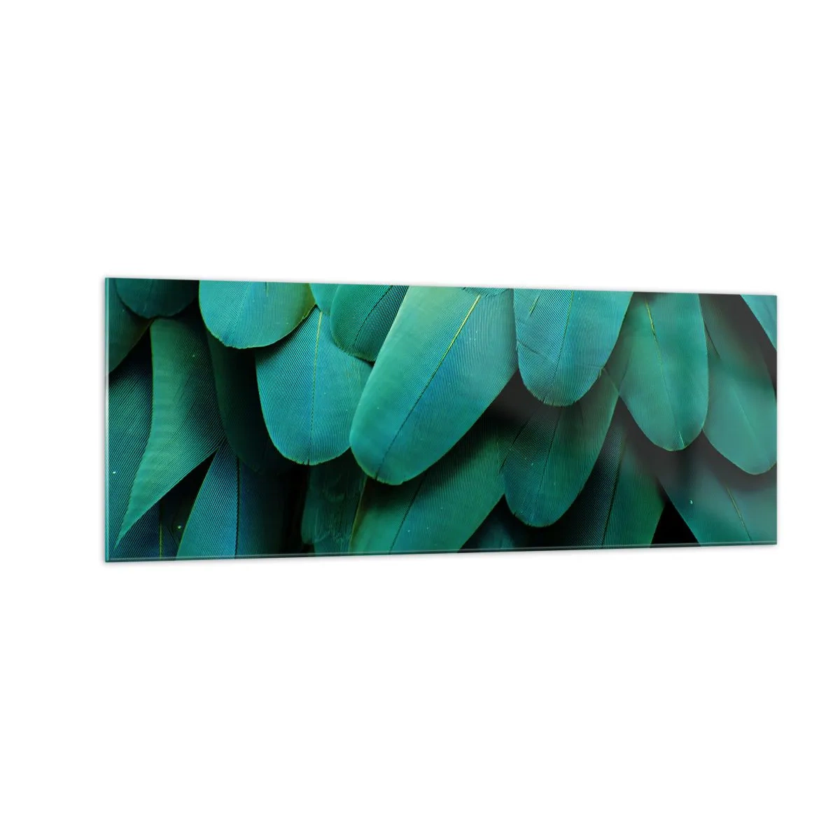Quadro su vetro - Dettaglio di piume nei toni del verde - 140x50cm - Precisione da pappagallo - Decorazione murale moderna per soggiorno e camera da letto ARTTOR