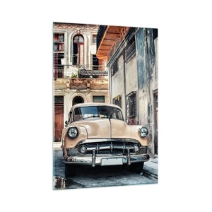 Quadro su vetro - Auto retrò sulla strada del centro storico - 50x70cm - Siesta all'Avana - Decorazione murale moderna per soggiorno e camera da letto ARTTOR