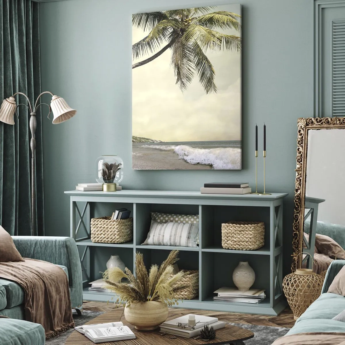 Quadro su tela - Stampe su Tela - Una spiaggia con palme sullo sfondo di un mare calmo - 50x70cm - Sogno tropicale - Decorazione murale moderna per soggiorno e camera da letto ARTTOR