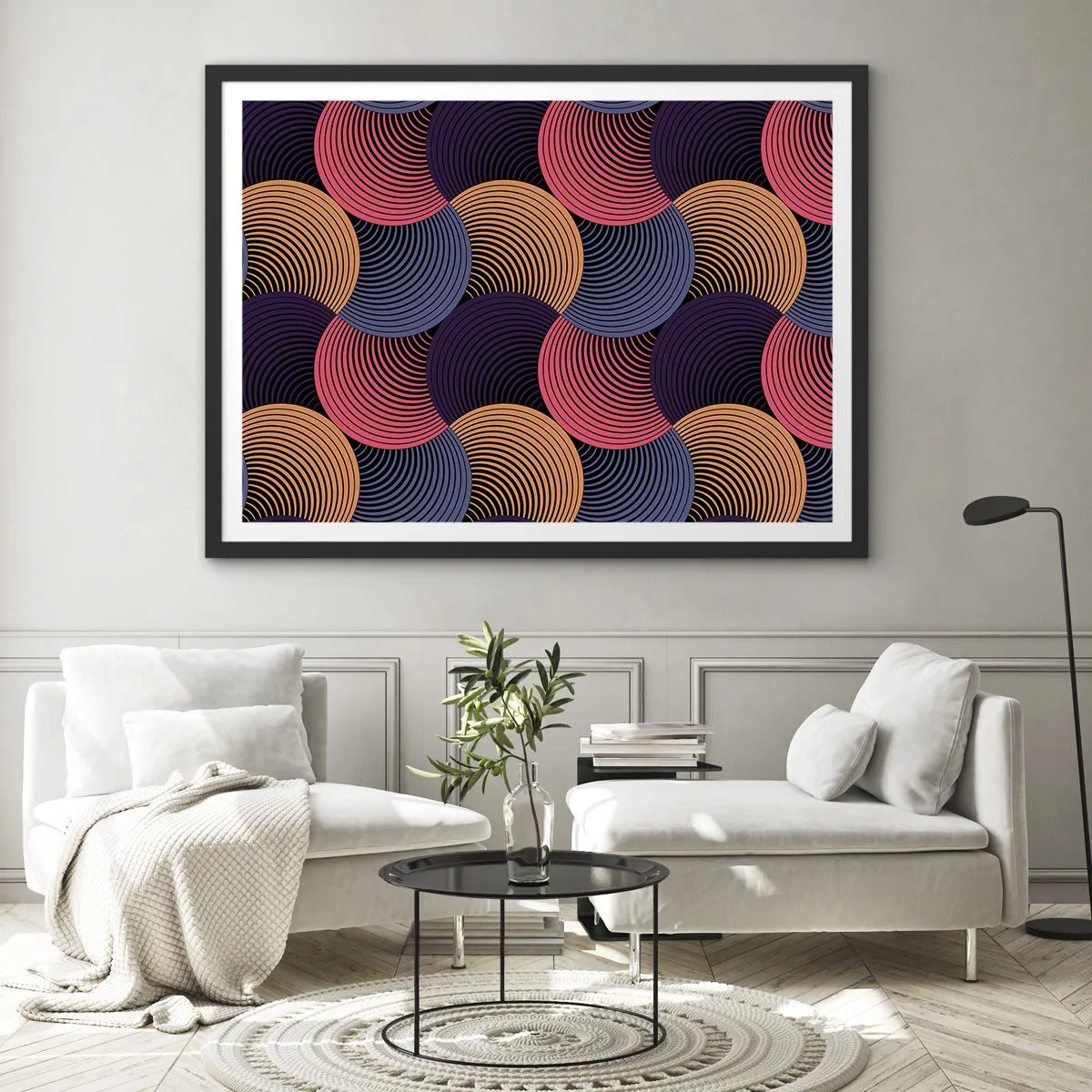Poster in cornice nera - Cerchi geometrici nelle tonalità del rosa, viola e oro - 70x50cm - Al ritmo delle sfere - Decorazione murale moderna per soggiorno e camera da letto ARTTOR