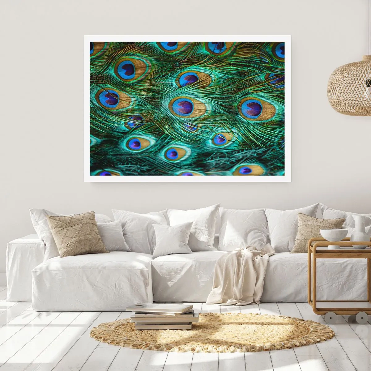 Poster - Dettagli di piume di pavone in colori intensi - 100x70cm - Lo sguardo del pavone - Decorazione murale moderna per soggiorno e camera da letto ARTTOR