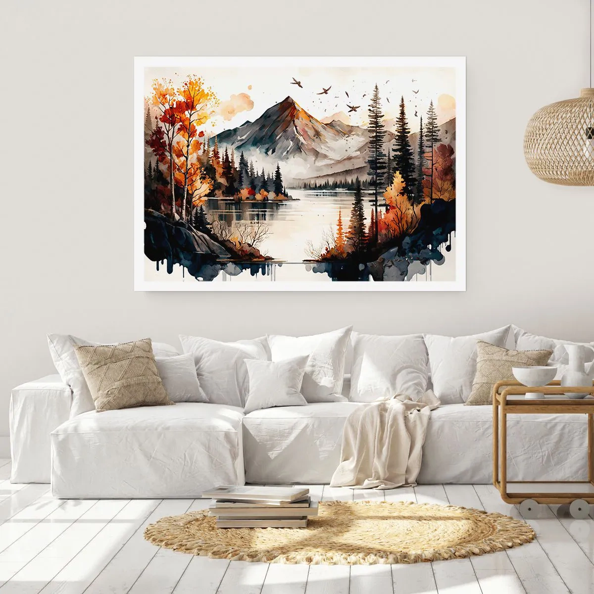 Poster - Paesaggio montano autunnale con lago e alberi in acquerello - 100x70cm - L'autunno dorato sui monti - Decorazione murale moderna per soggiorno e camera da letto ARTTOR