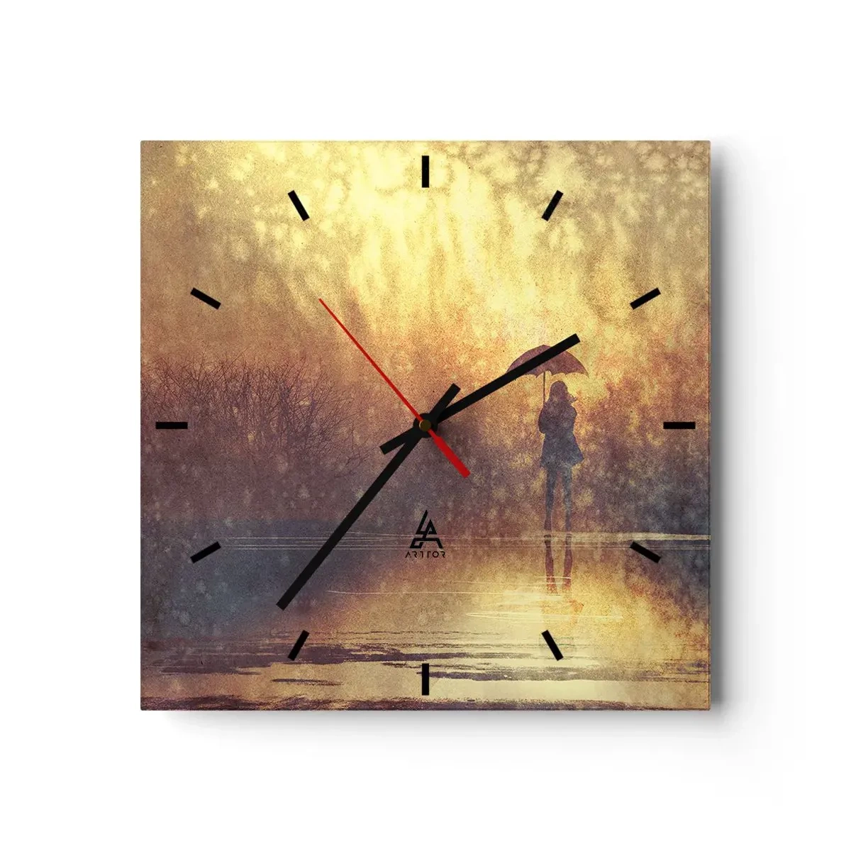 Orologio da parete - Orologio in Vetro - Una figura con un ombrello in un paesaggio nebbioso pieno di riflessi - 30x30cm - Sento che qualcuno mi guarda - Decorazione murale moderna per soggiorno e camera da letto ARTTOR