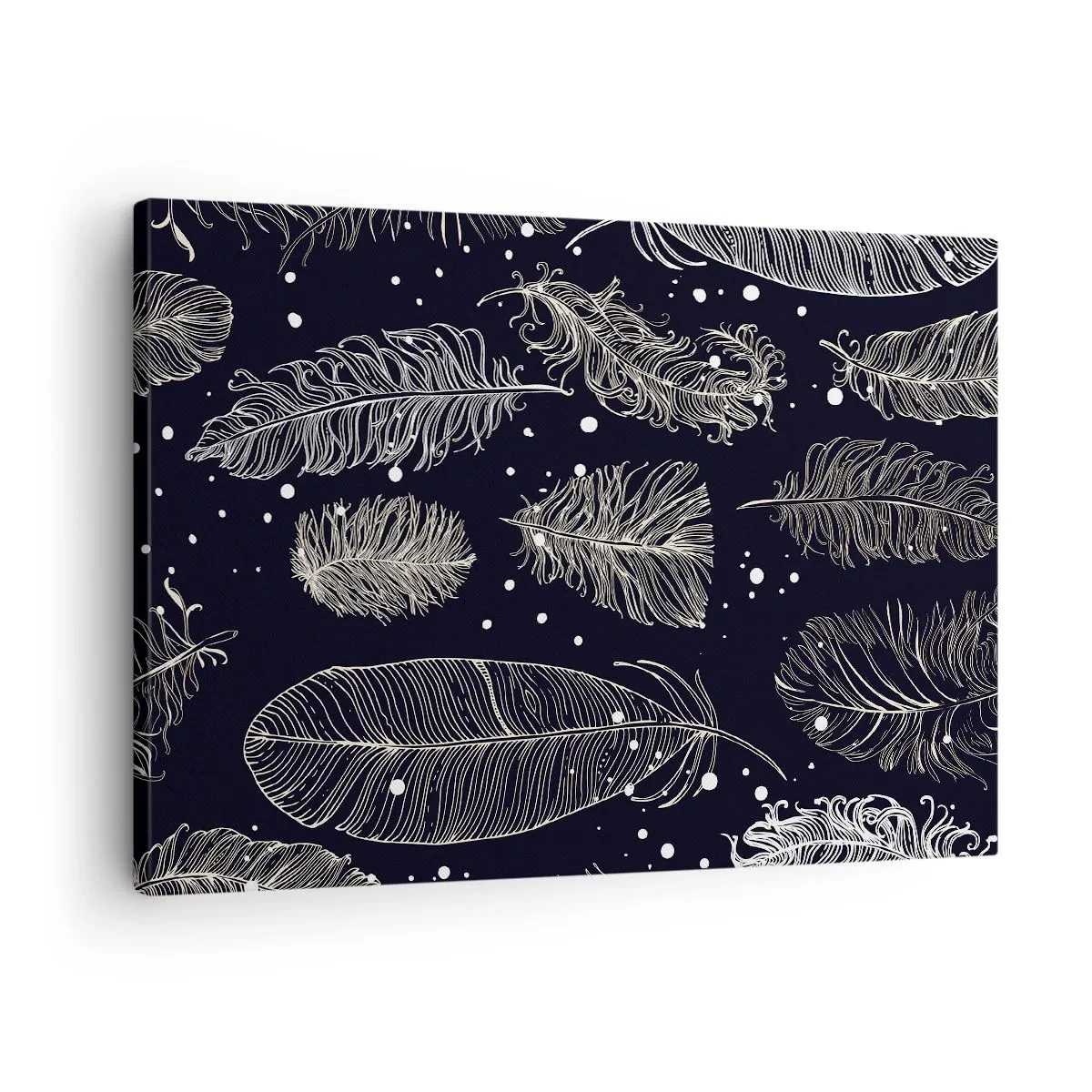 Quadro su tela - Stampe su Tela - Delicate piume bianche su sfondo blu navy - 70x50cm - Pizzo piumato - Decorazione murale moderna per soggiorno e camera da letto ARTTOR