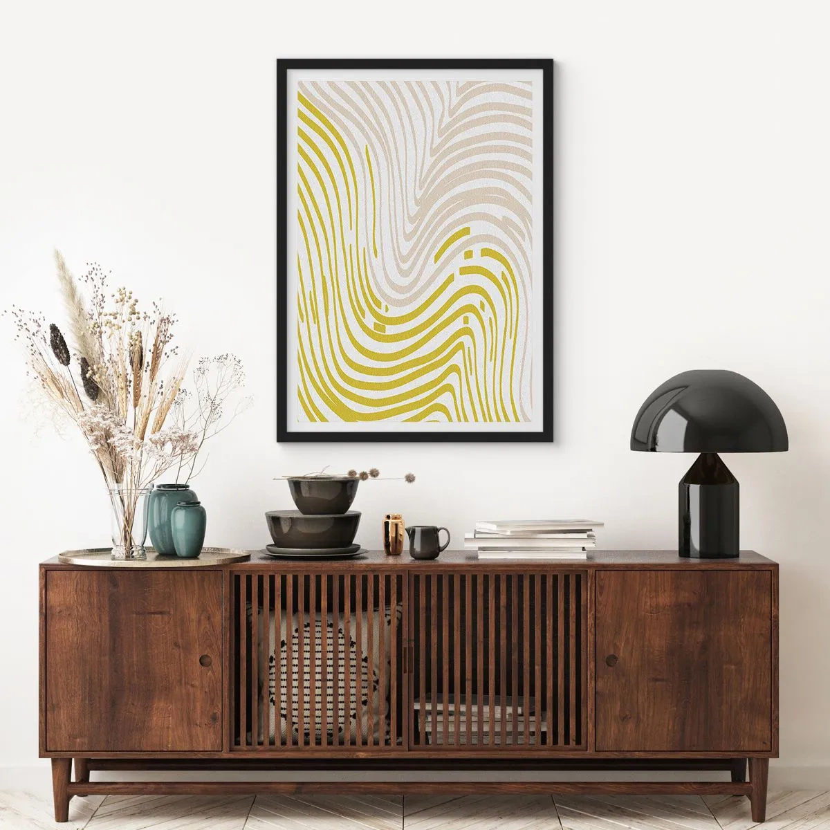 Poster in cornice nera - Una composizione astratta di linee ondulate nelle tonalità del beige e del giallo. - 50x70cm - Composizione con lieve deflessione - Decorazione murale moderna per soggiorno e camera da letto ARTTOR