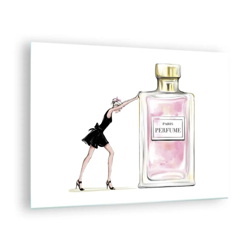 Quadro su vetro - Una donna in abito nero accanto a una grande bottiglia di profumo - 70x50cm - L'essenza della femminilità - Decorazione murale moderna per soggiorno e camera da letto ARTTOR