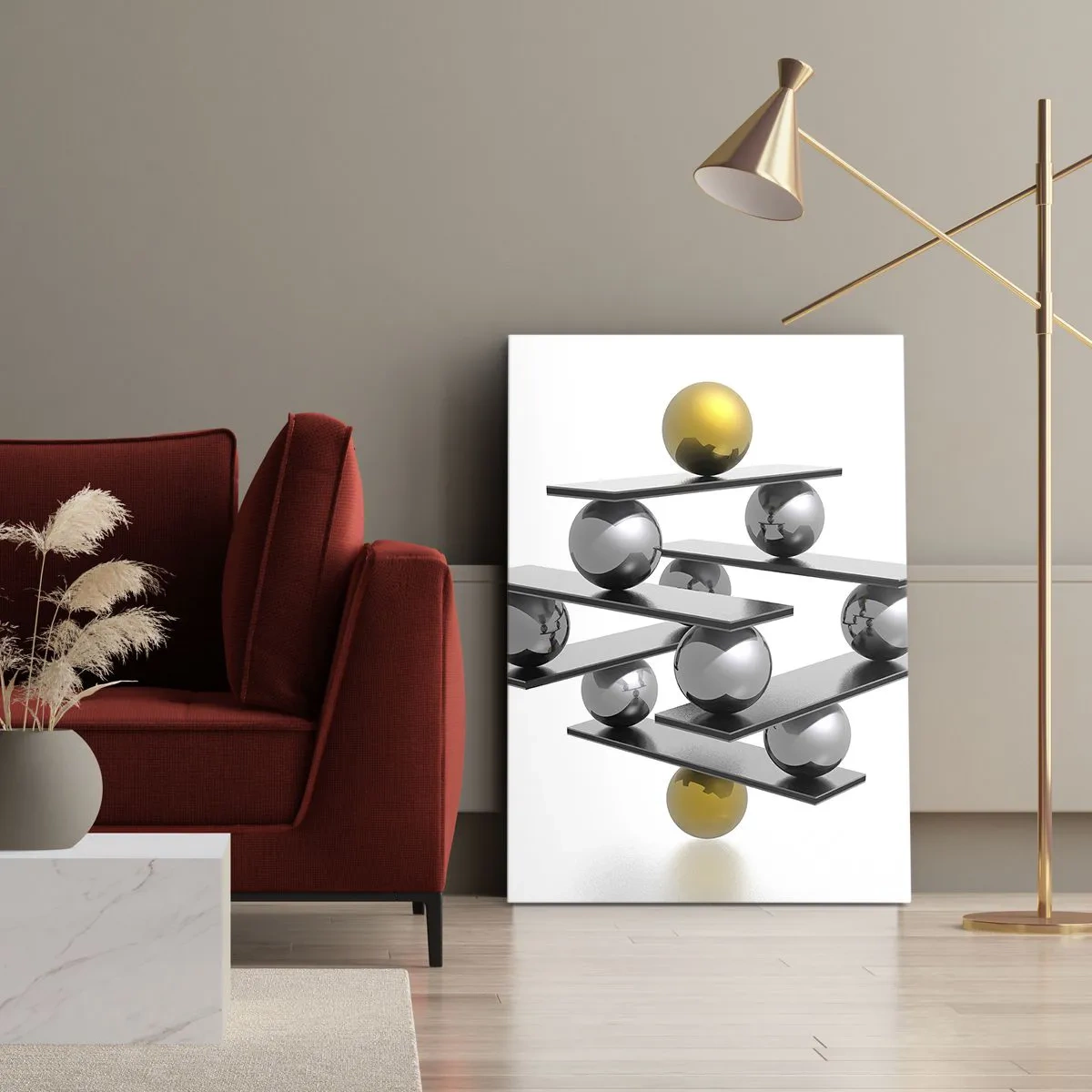 Quadro su tela - Stampe su Tela - Composizione geometrica con sfere metalliche e accenti dorati - 50x70cm - Equilibrio oro e argento - Decorazione murale moderna per soggiorno e camera da letto ARTTOR