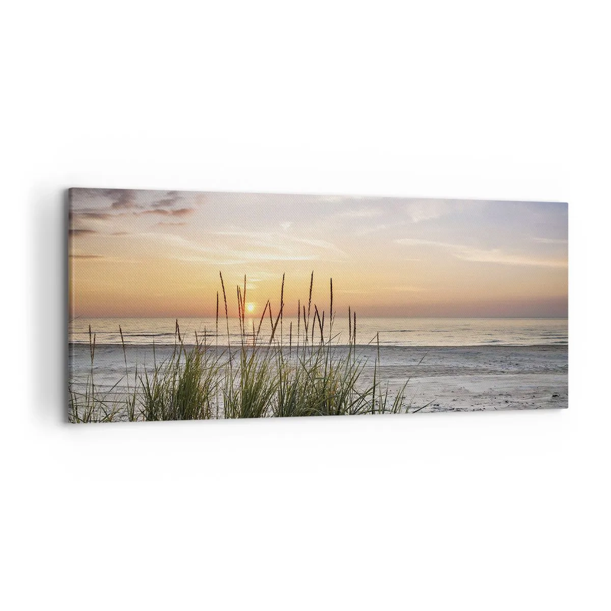 Quadro su tela - Stampe su Tela - Una spiaggia sabbiosa al tramonto con l'erba sullo sfondo - 120x50cm - Guarda, pensa, senti - Decorazione murale moderna per soggiorno e camera da letto ARTTOR