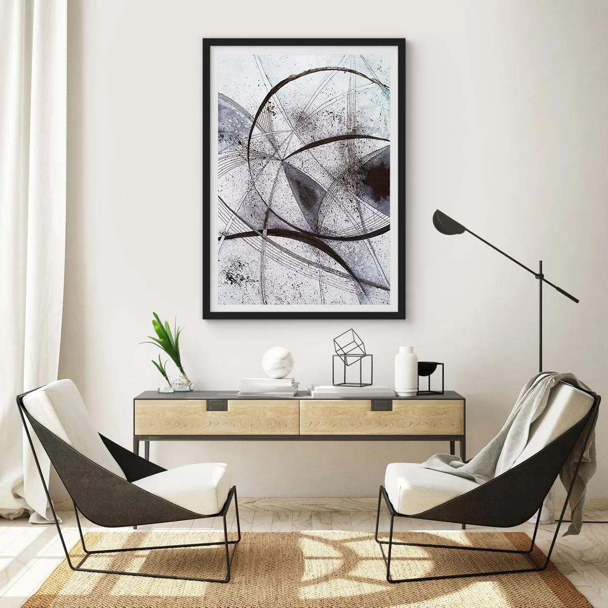 Poster in cornice nera - Composizione astratta di linee geometriche e cerchi - 50x70cm - Fantasia futuristica - Decorazione murale moderna per soggiorno e camera da letto ARTTOR