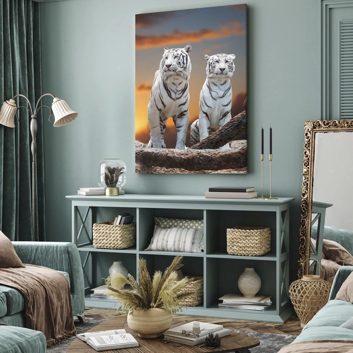 Quadro su tela - Stampe su Tela - Tigri bianche al tramonto sullo sfondo della natura - 80x120cm - Proprio come a Narnia - Decorazione murale moderna per soggiorno e camera da letto ARTTOR