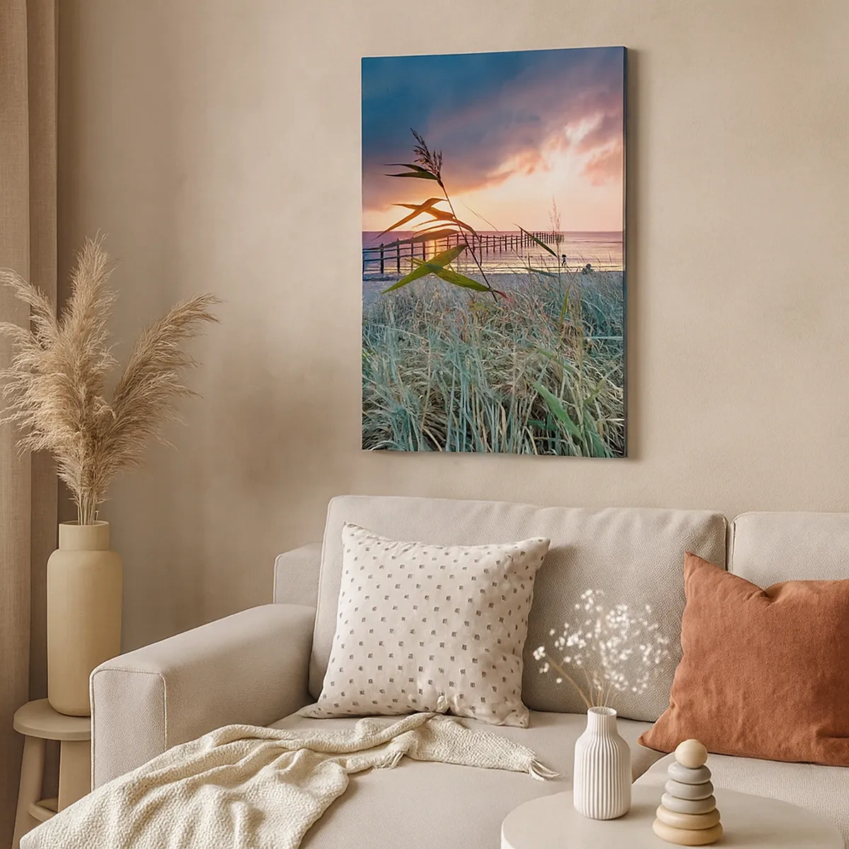 Quadro su tela - Stampe su Tela - Spiaggia al tramonto con erba in primo piano - 50x70cm - Non andrà via col vento - Decorazione murale moderna per soggiorno e camera da letto ARTTOR