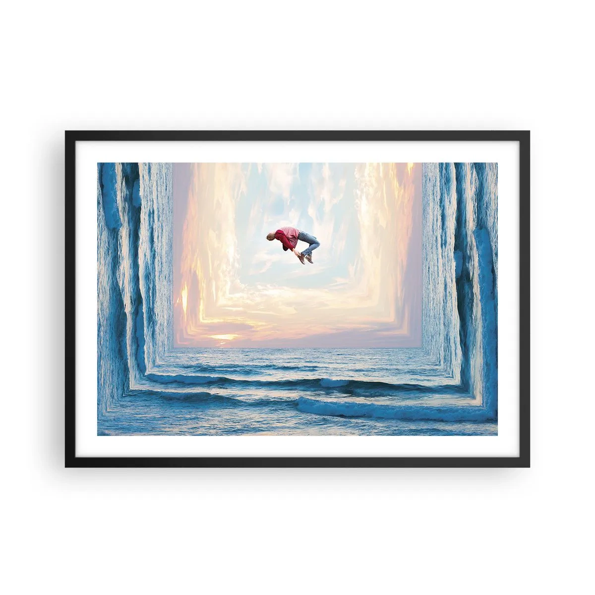 Poster in cornice nera - Salto surreale sul mare nella cornice - 70x50cm - In un'altra dimensione - Decorazione murale moderna per soggiorno e camera da letto ARTTOR