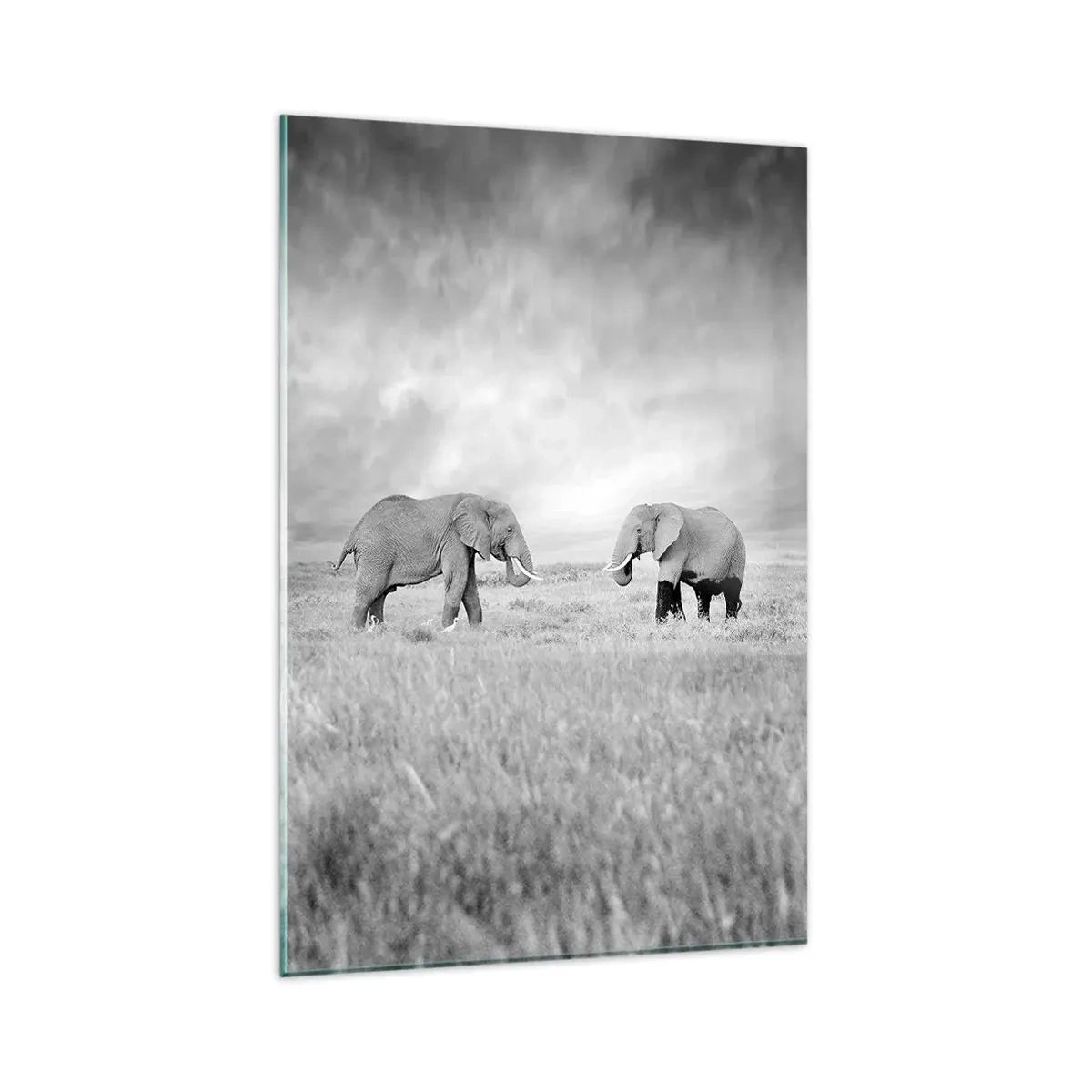 Quadro su vetro - Due elefanti sullo sfondo della savana africana - 80x120cm - Grigio è bello - Decorazione murale moderna per soggiorno e camera da letto ARTTOR