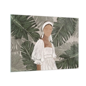 Quadro su vetro - Una donna con un abito bianco su uno sfondo di foglie tropicali verdi. - 70x50cm - Ritratto esotico - Decorazione murale moderna per soggiorno e camera da letto ARTTOR