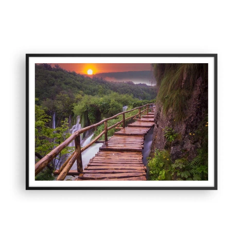 Poster in cornice nera - Un ponte che domina le cascate al tramonto - 100x70cm - Una bellezza incredibile - Decorazione murale moderna per soggiorno e camera da letto ARTTOR