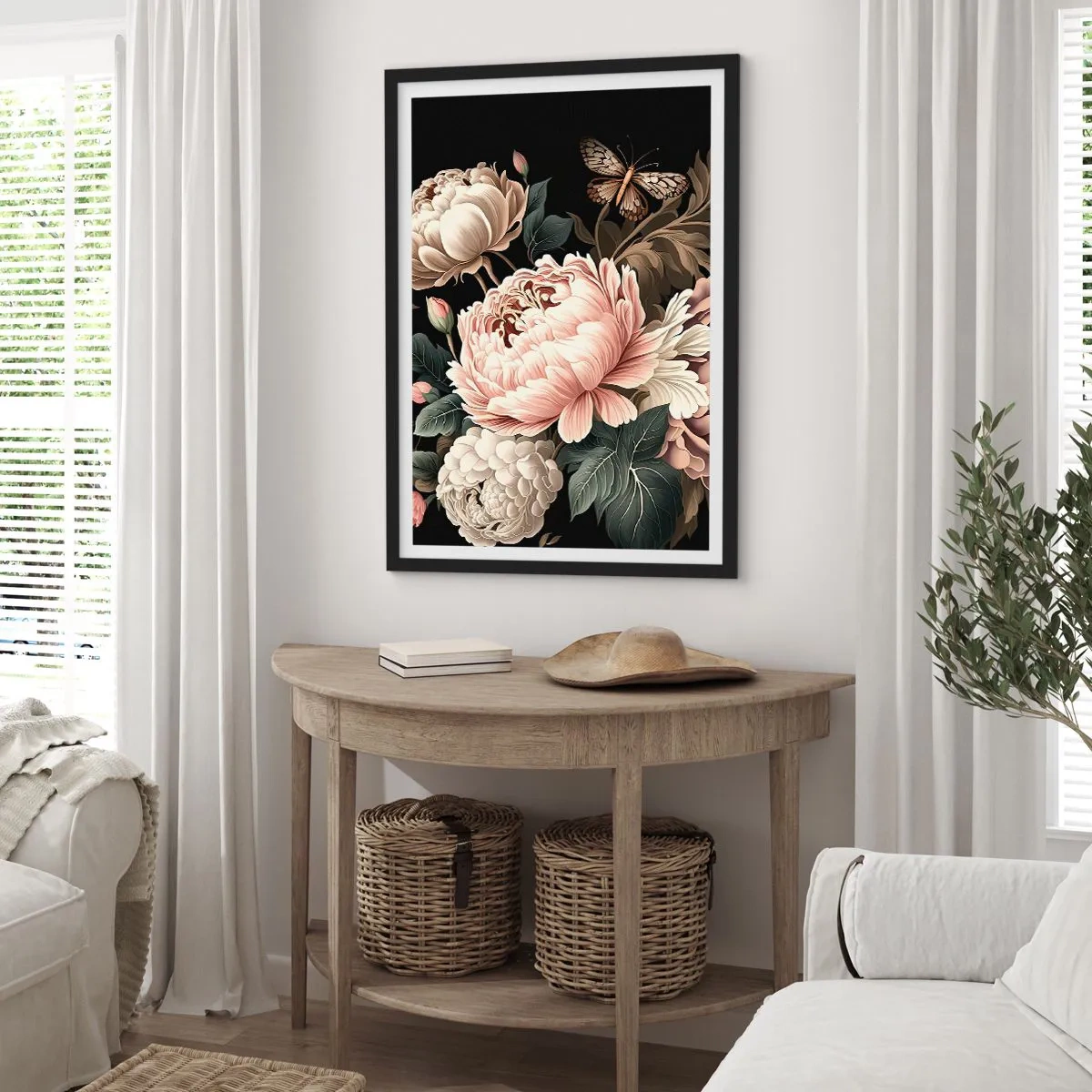 Poster in cornice nera - Eleganti peonie e una farfalla su sfondo nero - 50x70cm - In stile barocco - Decorazione murale moderna per soggiorno e camera da letto ARTTOR