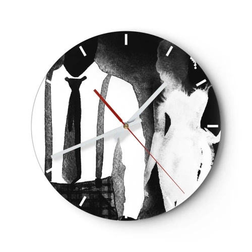 Orologio da parete - Orologio in Vetro - Silhouette di una donna e di un uomo in un'atmosfera noir in bianco e nero - 30x30cm - Atmosfera noir - Decorazione murale moderna per soggiorno, cucina e camera da letto ARTTOR