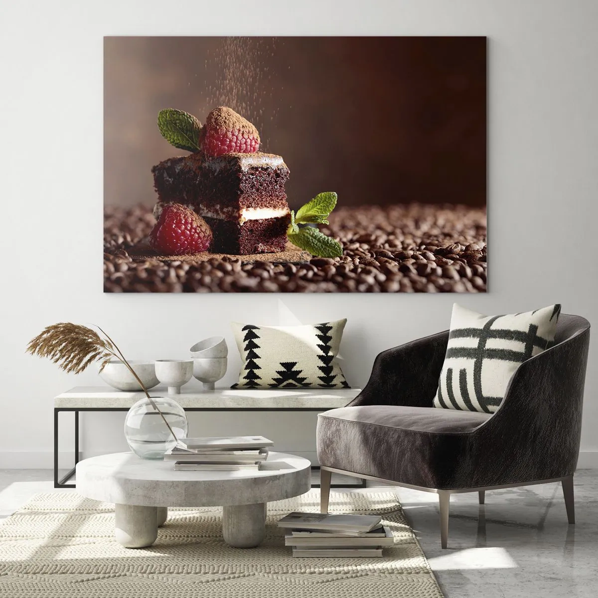 Quadro su vetro - Dessert al cioccolato con lamponi e foglie di menta - 100x70cm - La vita è dolce - Decorazione murale moderna per soggiorno e camera da letto ARTTOR