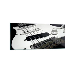 Quadro su vetro - Primo piano di una chitarra elettrica bianca su sfondo nero. - 120x50cm - Il suono nascosto nel bianco - Decorazione murale moderna per soggiorno e camera da letto ARTTOR
