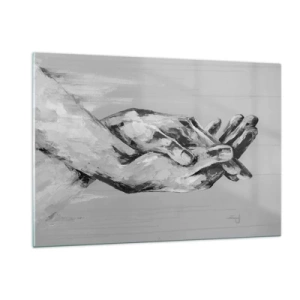 Quadro su vetro - Dipinto in bianco e nero di due mani che si cercano - 120x80cm - Inizio... - Decorazione murale moderna per soggiorno e camera da letto ARTTOR