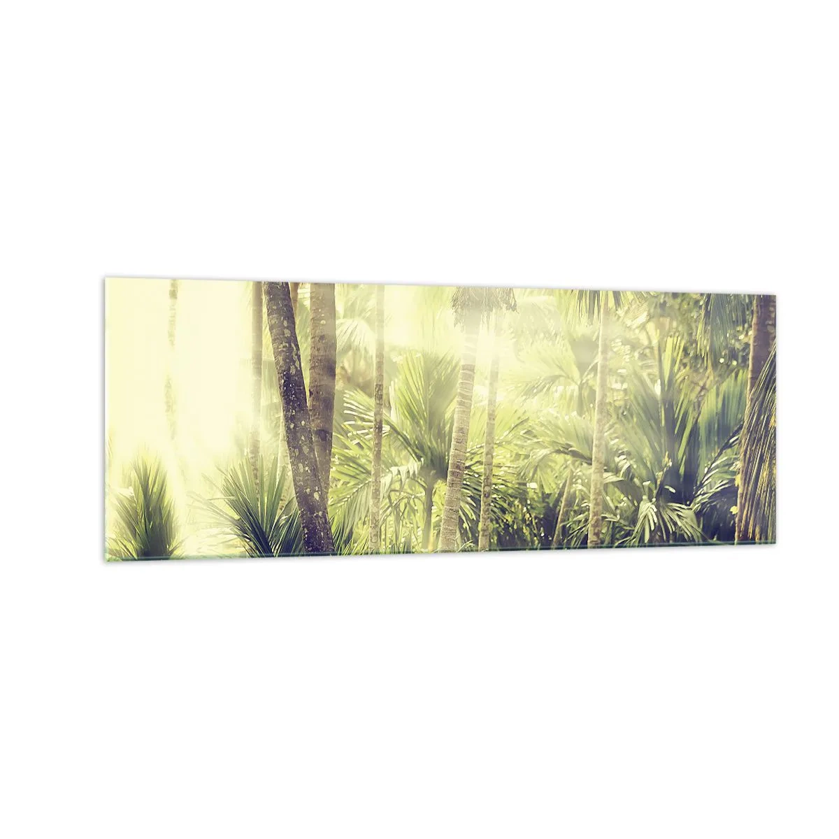 Quadro su vetro - Raggi di sole in una foresta tropicale di palme - 140x50cm - Nell'afa verde - Decorazione murale moderna per soggiorno e camera da letto ARTTOR
