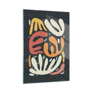 Quadro su vetro - Forme organiche colorate su uno sfondo scuro in stile astratto. - 50x70cm - Composizione: adesso ti acchiappo - Decorazione murale moderna per soggiorno e camera da letto ARTTOR