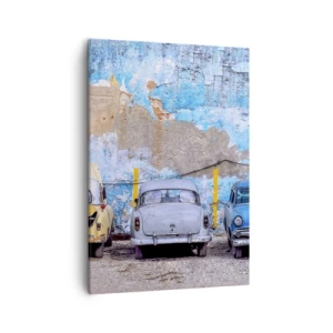 Quadro su tela - Stampe su Tela - Vecchie auto sullo sfondo di un muro distrutto - 50x70cm - L'incontro dei veterani - Decorazione murale moderna per soggiorno e camera da letto ARTTOR