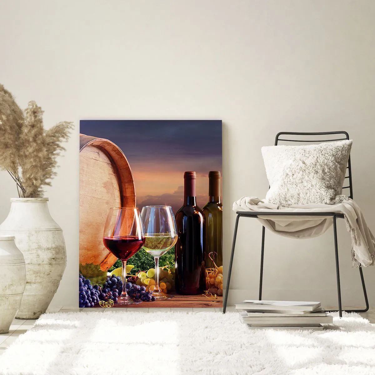Quadro su vetro - Vino, bicchieri e una botte in un paesaggio pittoresco - 70x100cm - Qui la vita ha gusto - Decorazione murale moderna per soggiorno e camera da letto ARTTOR