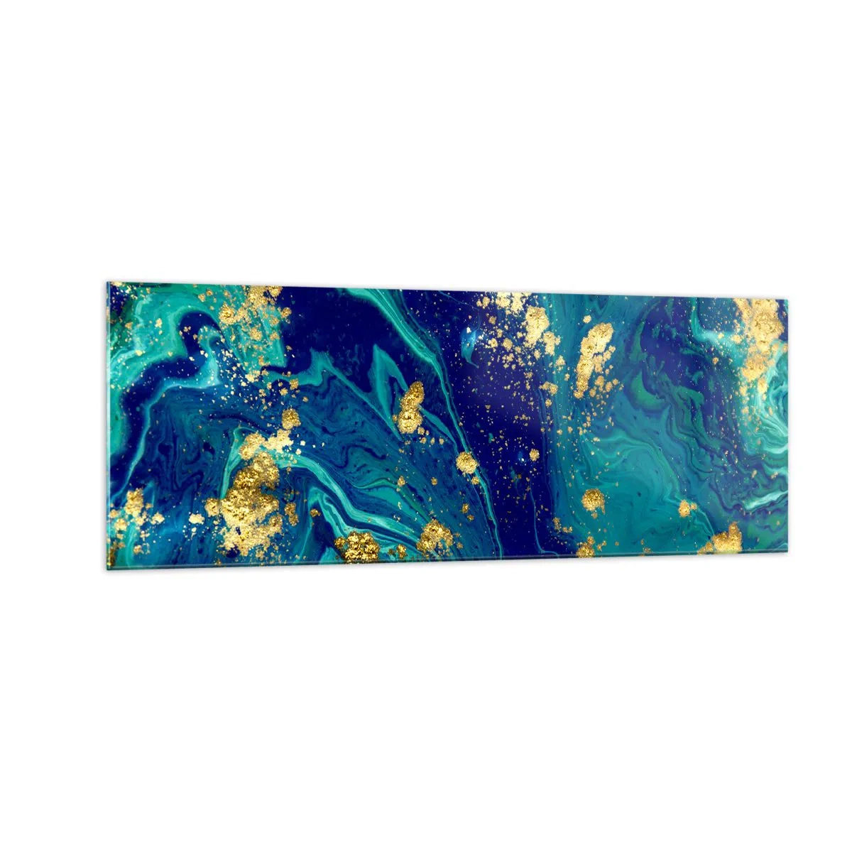Quadro su vetro - Una composizione astratta con accenti blu, verdi e dorati. - 140x50cm - Petali di sole - Decorazione murale moderna per soggiorno e camera da letto ARTTOR
