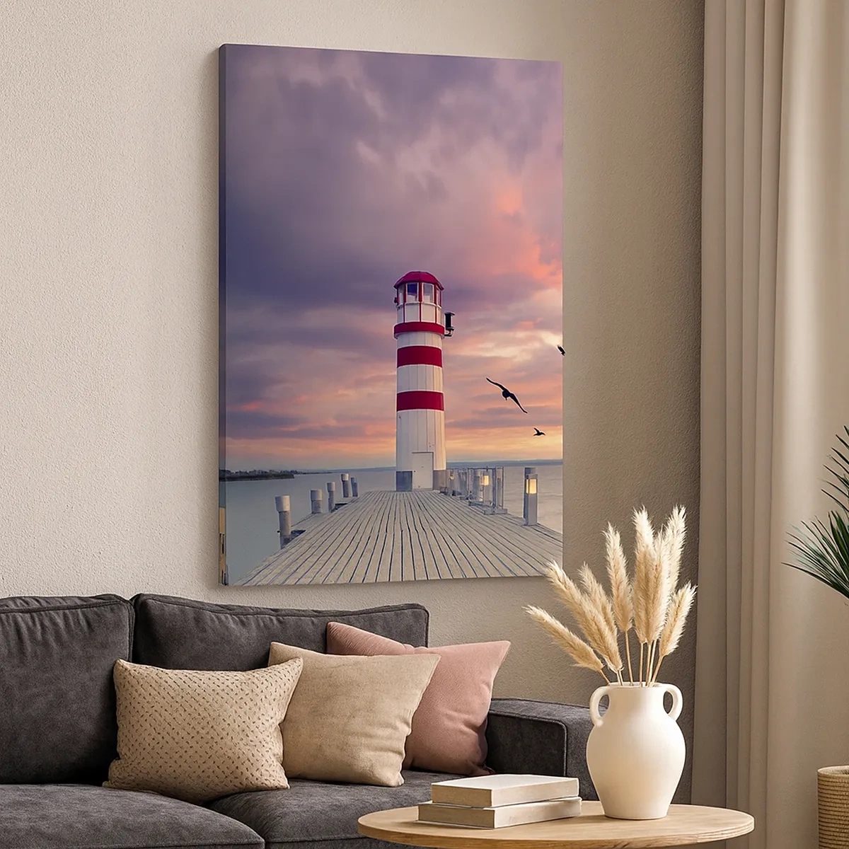 Quadro su tela - Stampe su Tela - Un faro sul molo circondato da un pittoresco tramonto - 50x70cm - Tempo di tornare in porto - Decorazione murale moderna per soggiorno e camera da letto ARTTOR
