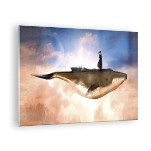 Quadro su vetro - Una balena fantastica che fluttua tra le nuvole con una donna sul dorso. - 70x50cm - Viaggio surreale - Decorazione murale moderna per soggiorno e camera da letto ARTTOR