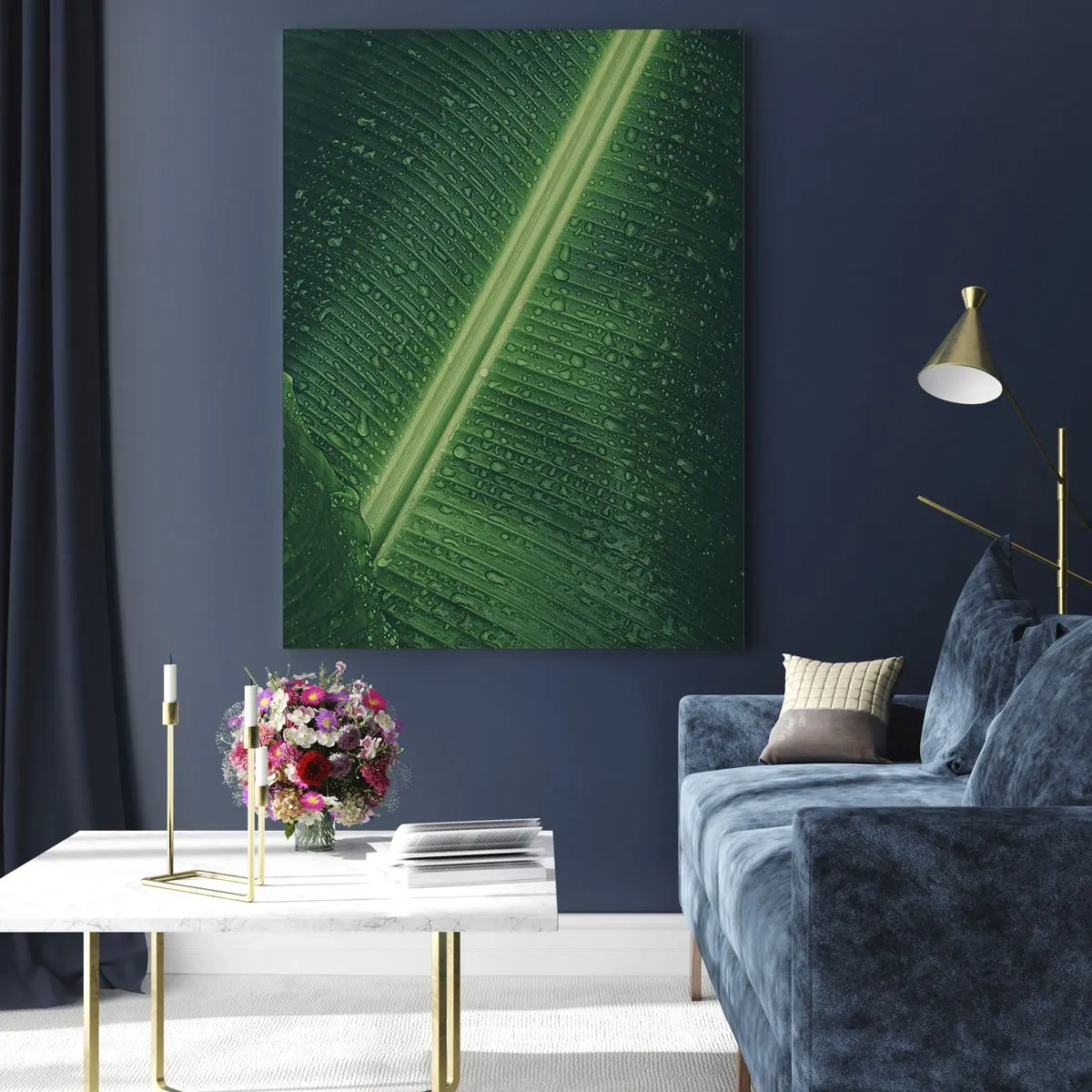 Quadro su vetro - Una foglia verde con gocce d'acqua sulla sua superficie - 70x100cm - La struttura del verde - Decorazione murale moderna per soggiorno e camera da letto ARTTOR