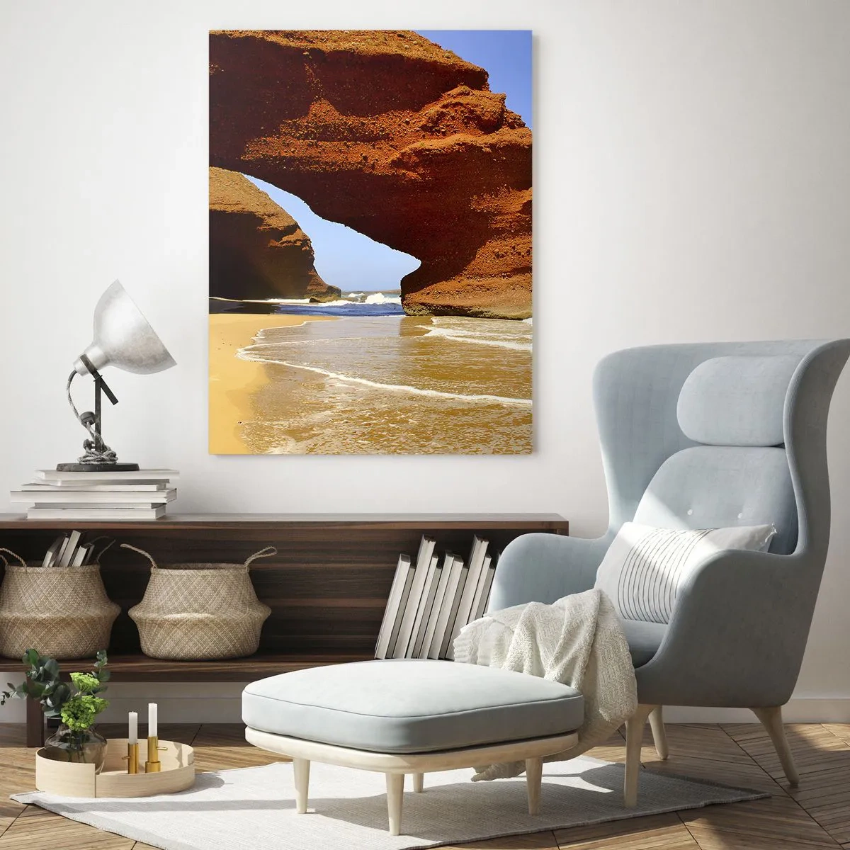 Quadro su vetro - Archi di roccia rossa sulla spiaggia e sull'oceano - 50x70cm - Migliaia di anni di acqua e vento - Decorazione murale moderna per soggiorno e camera da letto ARTTOR