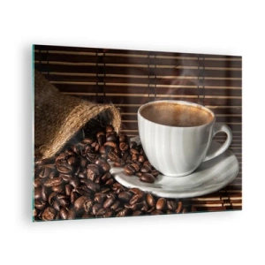 Quadro su vetro - Una tazza di caffè con chicchi su uno sfondo rustico - 70x50cm - Nero del carbone, trasparenza dell'ambra - Decorazione murale moderna per soggiorno e camera da letto ARTTOR