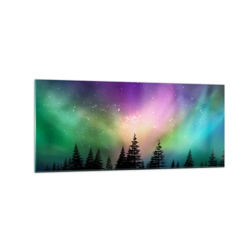 Quadro su vetro - Aurora boreale su una foresta con cielo stellato - 120x50cm - Magia bianca - Decorazione murale moderna per soggiorno e camera da letto ARTTOR