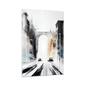 Quadro su vetro - Panorama astratto della città con un ponte ad arco - 80x120cm - Studio di città: architettura e movimento - Decorazione murale moderna per soggiorno e camera da letto ARTTOR