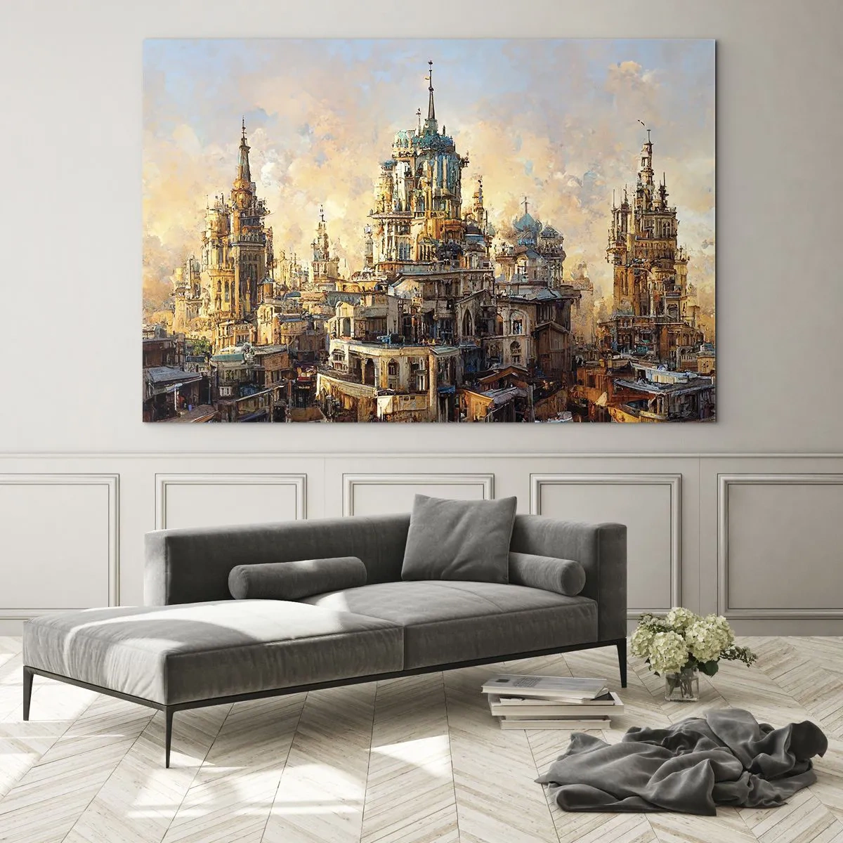 Quadro su vetro - Un fantastico panorama della città con torri e palazzi - 120x80cm - La città delle città - Decorazione murale moderna per soggiorno e camera da letto ARTTOR