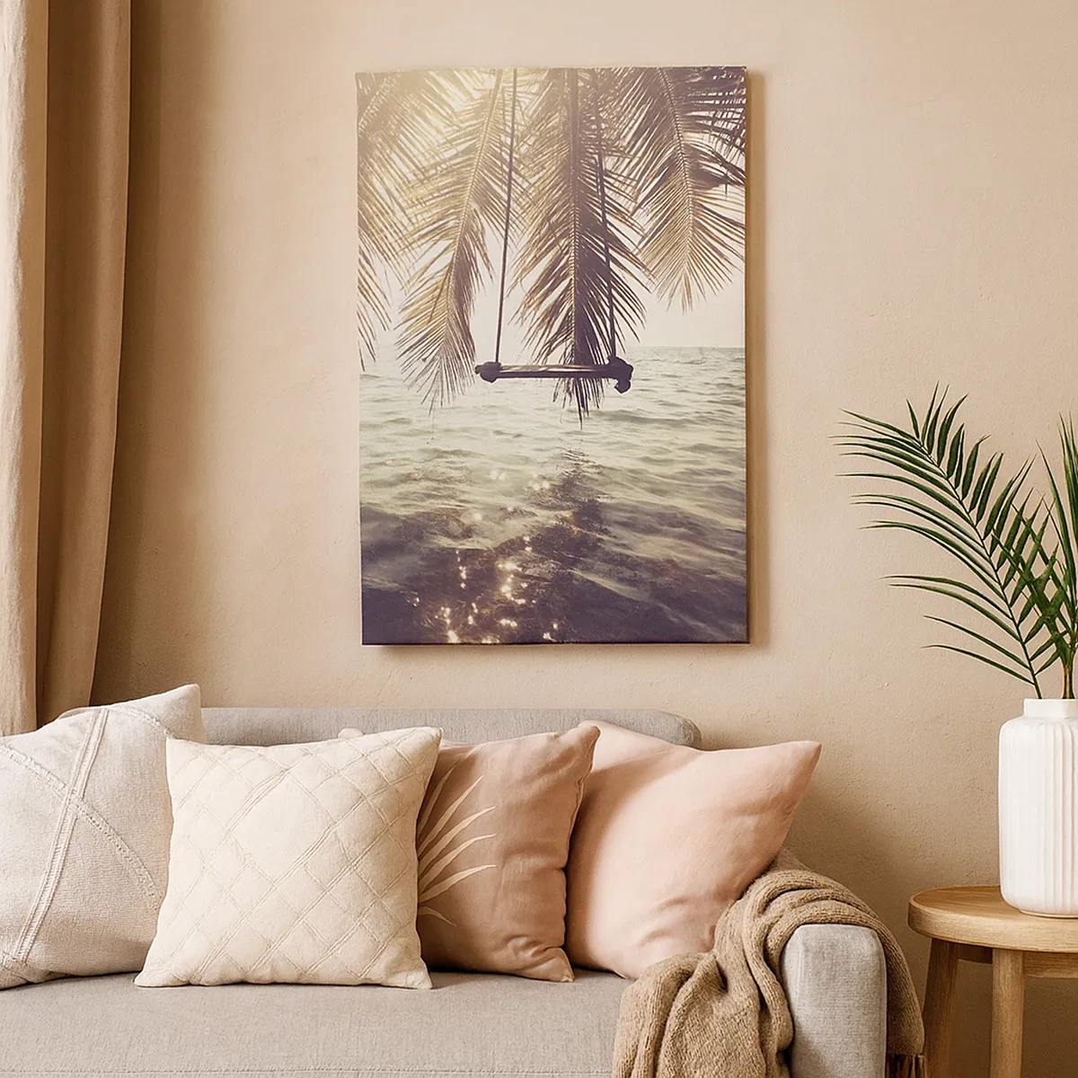 Quadro su tela - Stampe su Tela - Palma con altalena sull'acqua alla luce del sole - 50x70cm - Si può dondolare tra le nuvole a volontà - Decorazione murale moderna per soggiorno e camera da letto ARTTOR