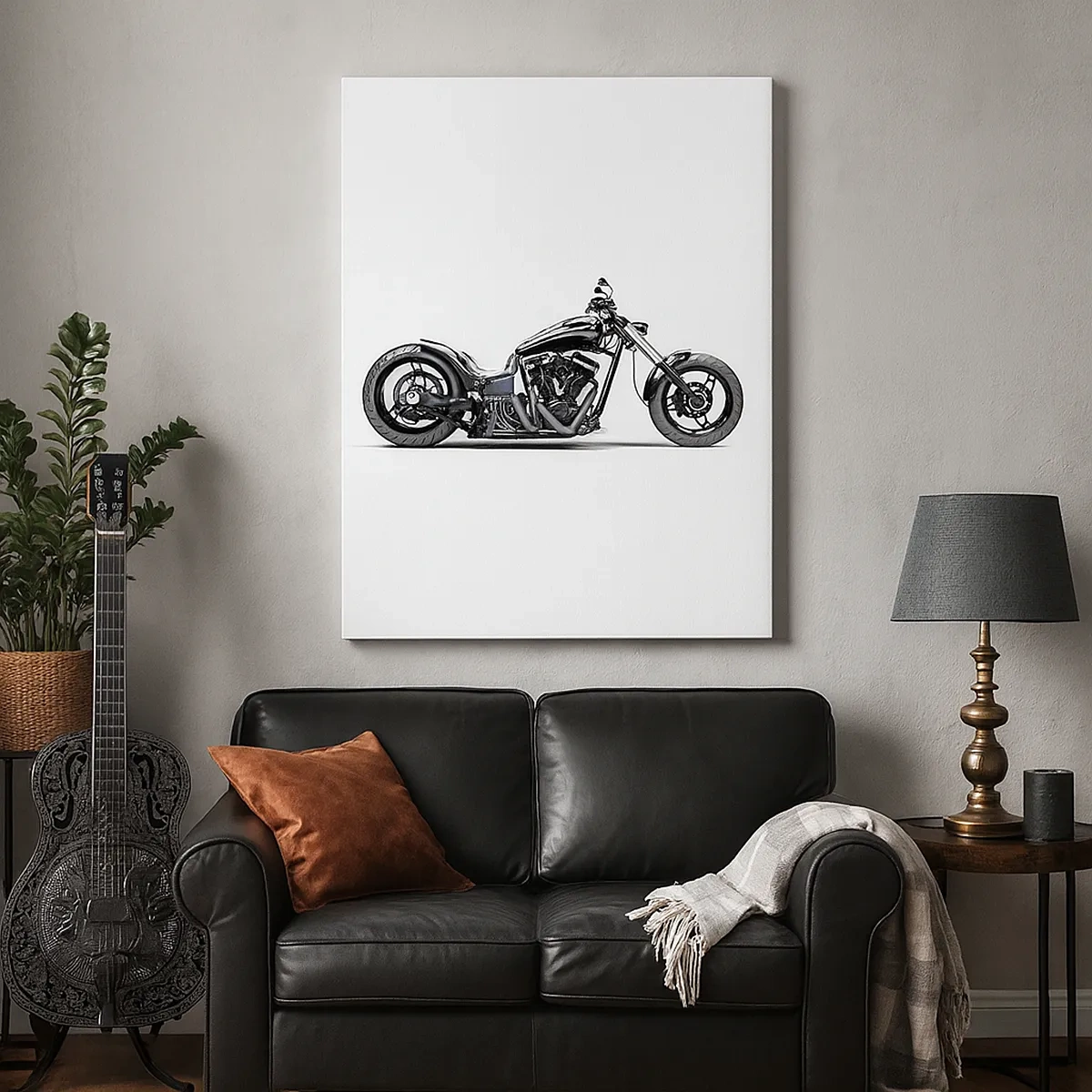 Quadro su tela - Stampe su Tela - Elegante motocicletta personalizzata nera su sfondo bianco - 50x70cm - Per chi ama la libertà - Decorazione murale moderna per soggiorno e camera da letto ARTTOR