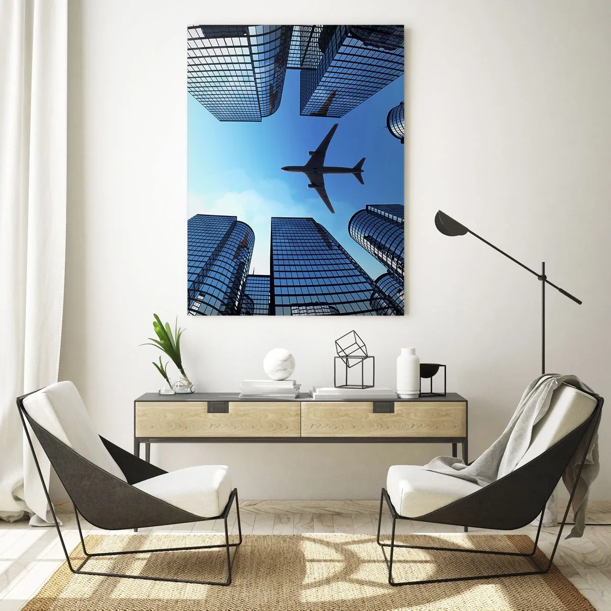 Quadro su vetro - Vista dell'aereo tra i grattacieli - 50x70cm - Panorama dal canyon di vetro - Decorazione murale moderna per soggiorno e camera da letto ARTTOR