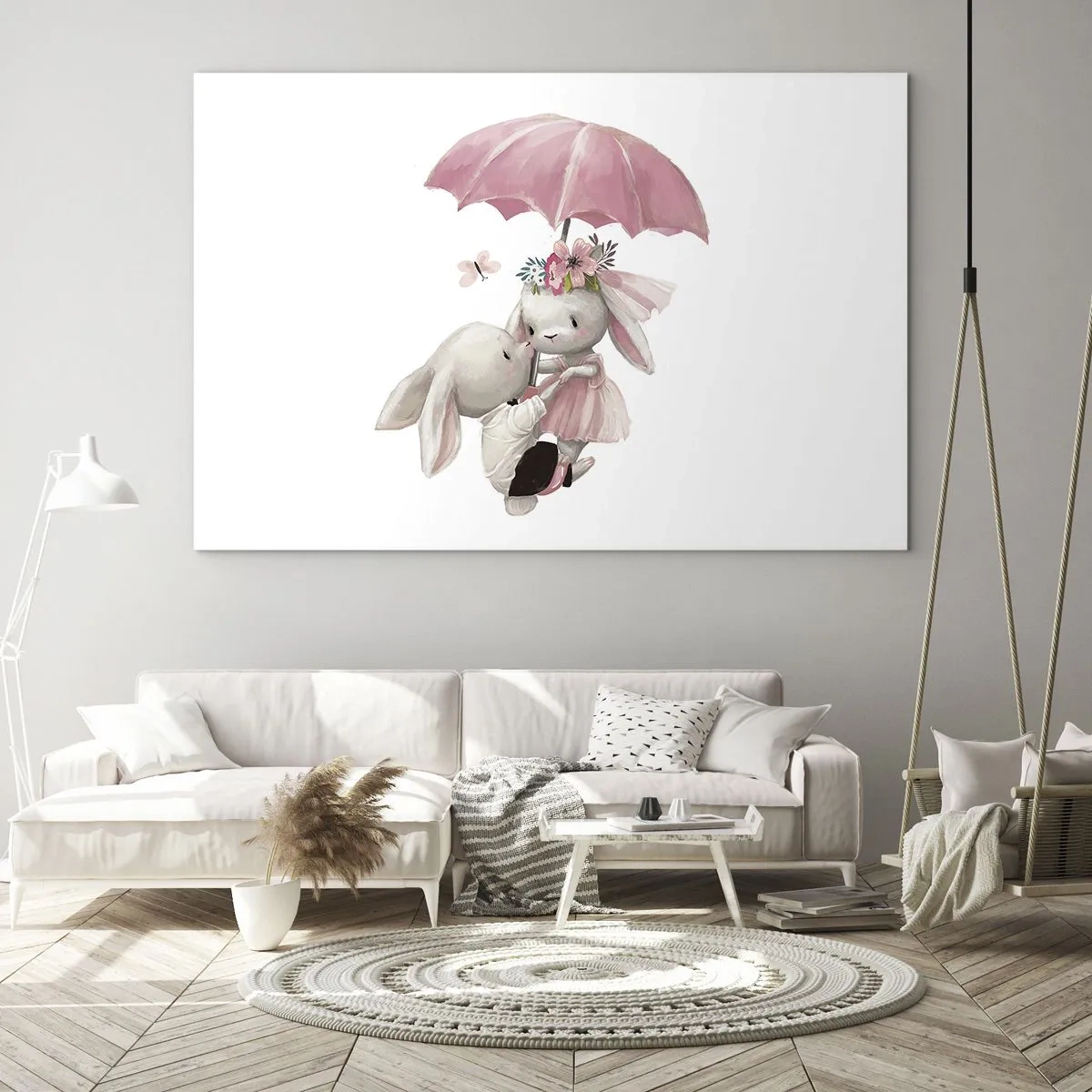Quadro su vetro - Due conigli sotto un ombrello rosa in una scena romantica - 70x50cm - Questo è proprio amore - Decorazione murale moderna per soggiorno e camera da letto ARTTOR
