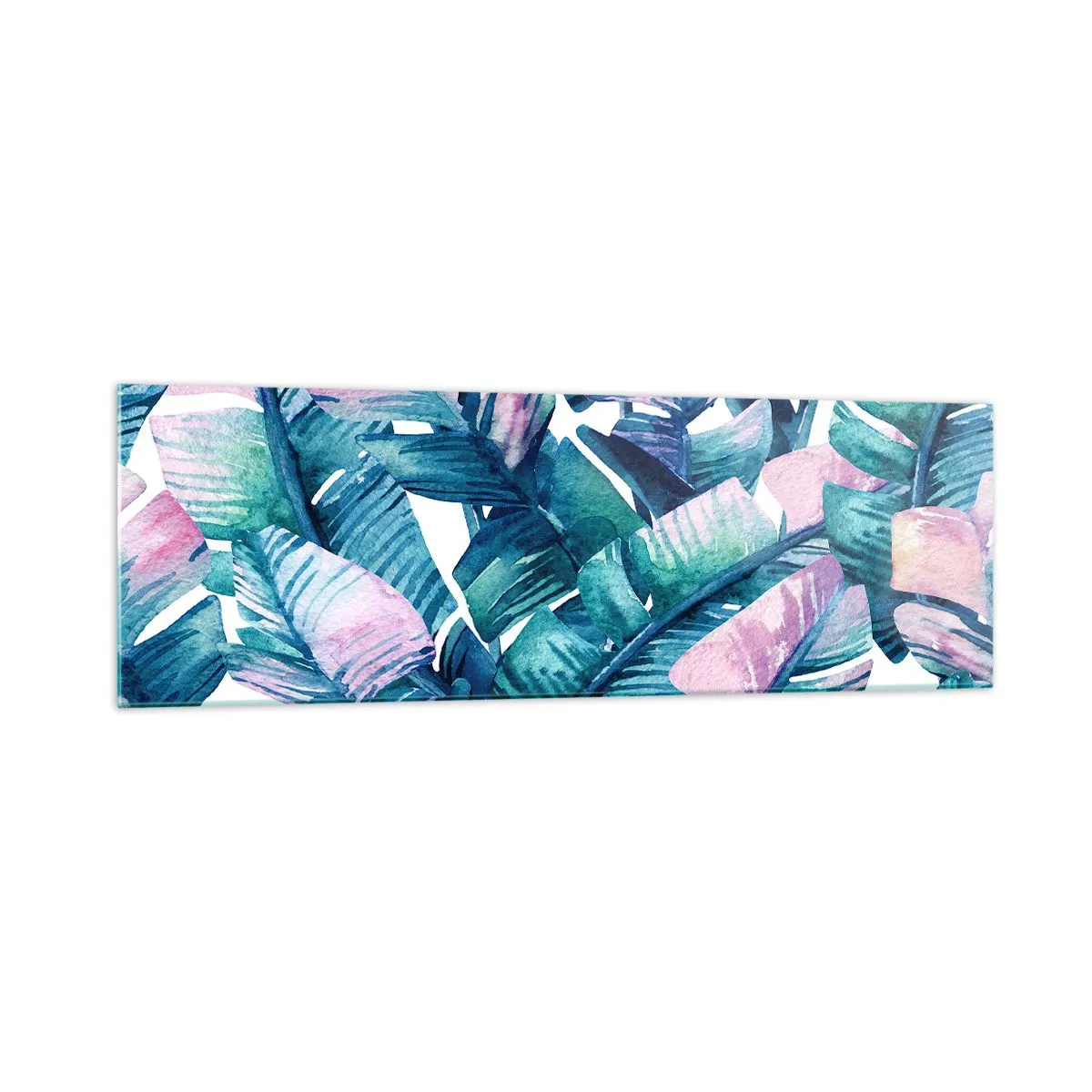 Quadro su vetro - Foglie di banano nelle tonalità del blu e del rosa - 160x50cm - Nel bananeto - Decorazione murale moderna per soggiorno e camera da letto ARTTOR