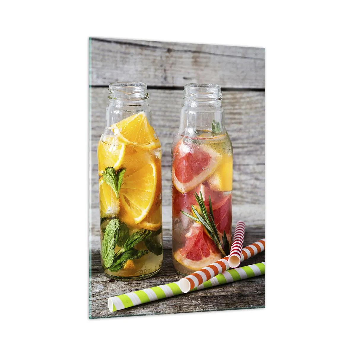 Quadro su vetro - Bottiglie di acqua alla frutta ed erbe aromatiche su uno sfondo di legno - 50x70cm - Sani di natura - Decorazione murale moderna per soggiorno e camera da letto ARTTOR