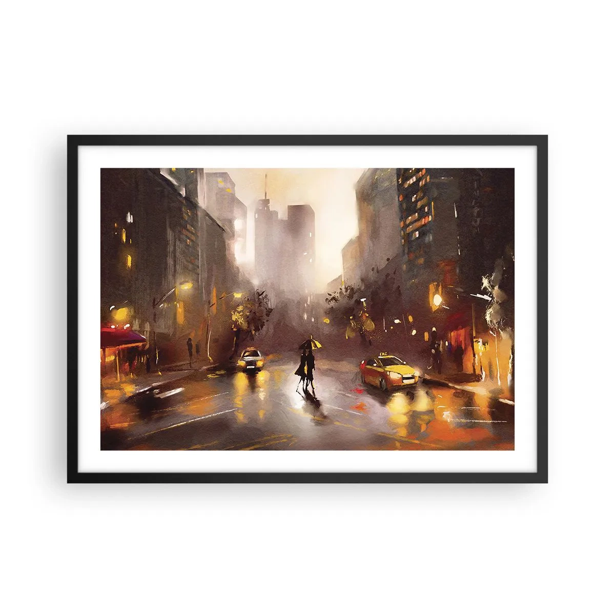 Poster in cornice nera - Una scena urbana notturna alla luce dei lampioni e dei riflessi su una strada bagnata. - 70x50cm - Nelle luci di New York - Decorazione murale moderna per soggiorno e camera da letto ARTTOR