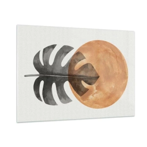 Quadro su vetro - Foglia di monstera e cerchio arancione in stile grafico su sfondo bianco. - 100x70cm - Sempre il sole - Decorazione murale moderna per soggiorno e camera da letto ARTTOR