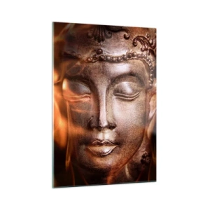 Quadro su vetro - Il volto nebuloso del Buddha nelle calde tonalità dell'oro e del marrone - 50x70cm - Esiste solo qui e ora - Decorazione murale moderna per soggiorno e camera da letto ARTTOR