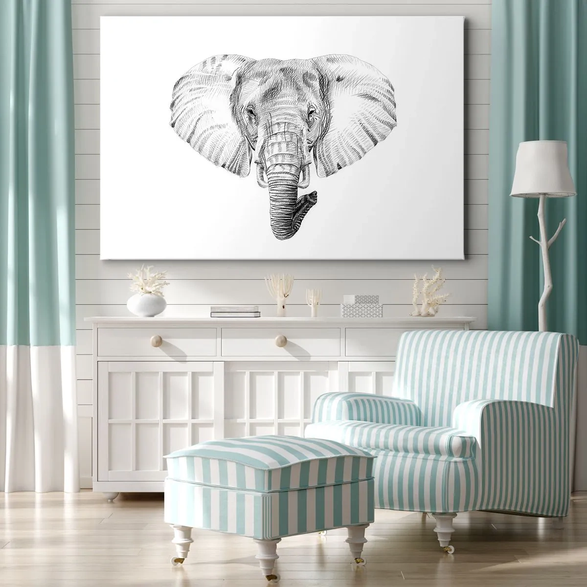 Quadro su tela - Stampe su Tela - Disegno in bianco e nero della testa di un elefante su sfondo bianco - 70x50cm - C'era un volta un elefante - Decorazione murale moderna per soggiorno e camera da letto ARTTOR