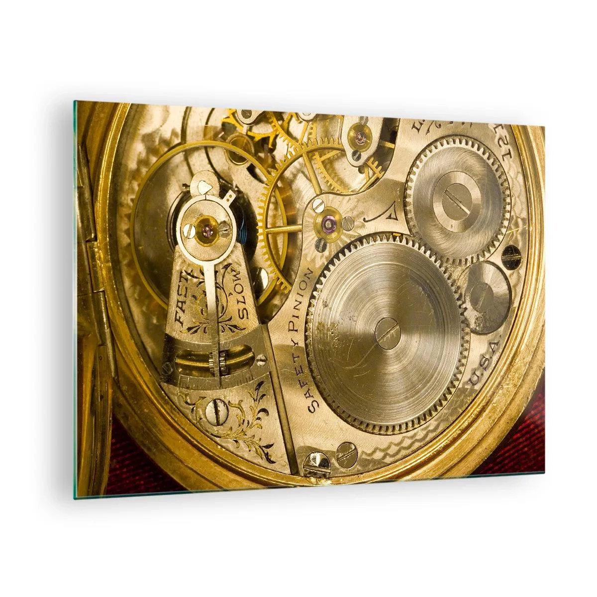 Quadro su vetro - Meccanismo dell'orologio in finitura oro - 70x50cm - Stare al passo coi tempi - Decorazione murale moderna per soggiorno e camera da letto ARTTOR